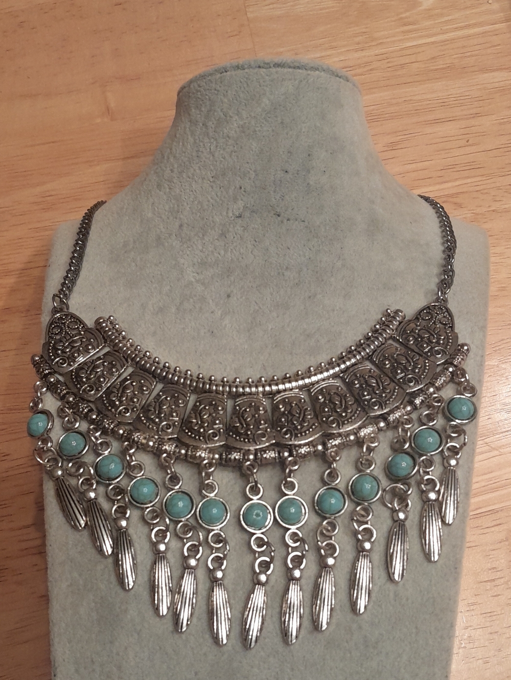 Turquoise Accented Silver Statement Bib Necklace - Women Jewelry